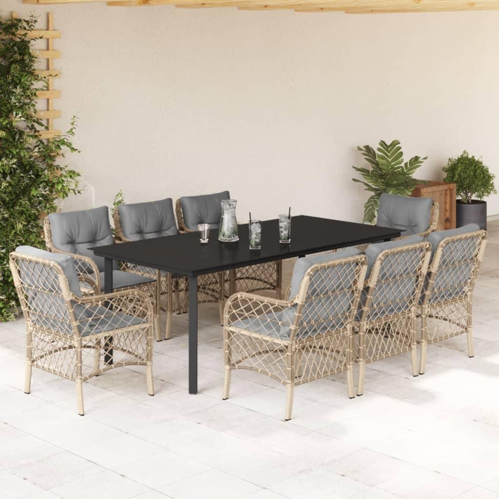 Spisebordssæt til haven 9 dele med hynder polyrattan beige