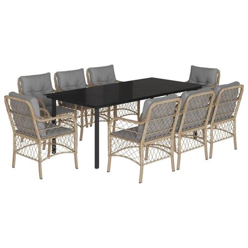 Spisebordssæt til haven 9 dele med hynder polyrattan beige
