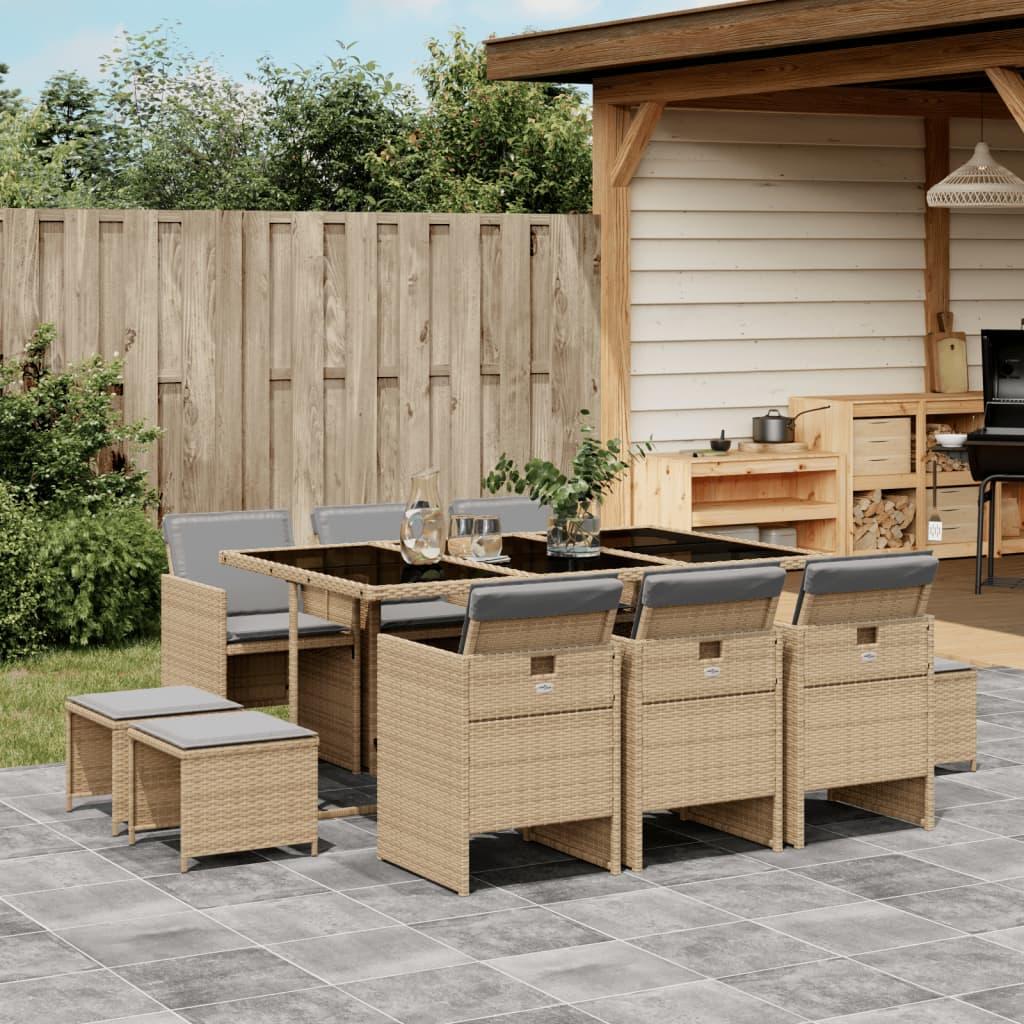 Spisebordssæt til haven 11 dele med hynder polyrattan beige