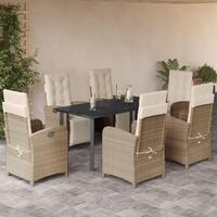 Spisebordssæt til haven 7 dele med hynder polyrattan beige