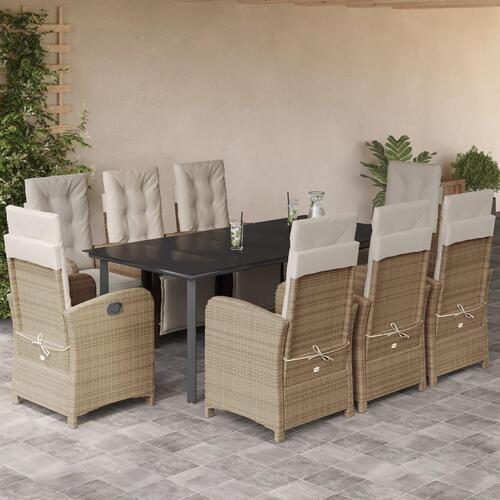 Spisebordssæt til haven 9 dele med hynder polyrattan beige