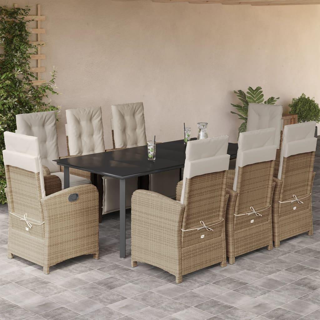 Spisebordssæt til haven 9 dele med hynder polyrattan beige