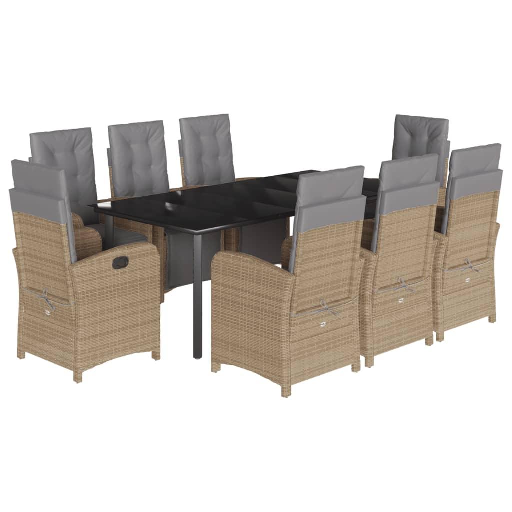 Spisebordssæt til haven 9 dele med hynder polyrattan beige