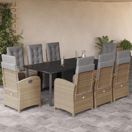 Spisebordssæt til haven 9 dele med hynder polyrattan beige
