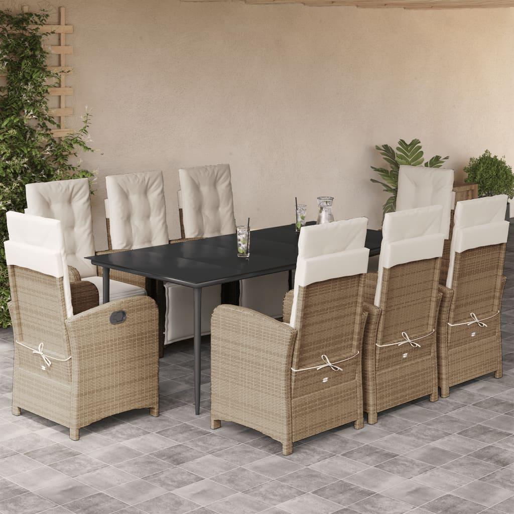 Spisebordssæt til haven 9 dele med hynder polyrattan beige