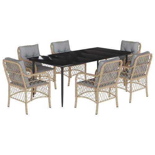 Spisebordssæt til haven 7 dele med hynder polyrattan beige
