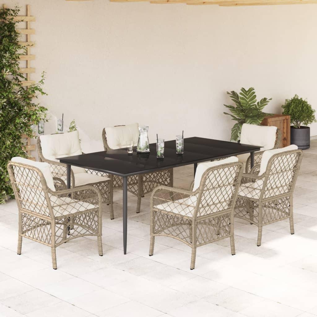 Spisebordssæt til haven 7 dele med hynder polyrattan beige