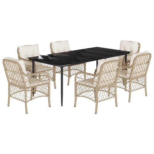 Spisebordssæt til haven 7 dele med hynder polyrattan beige