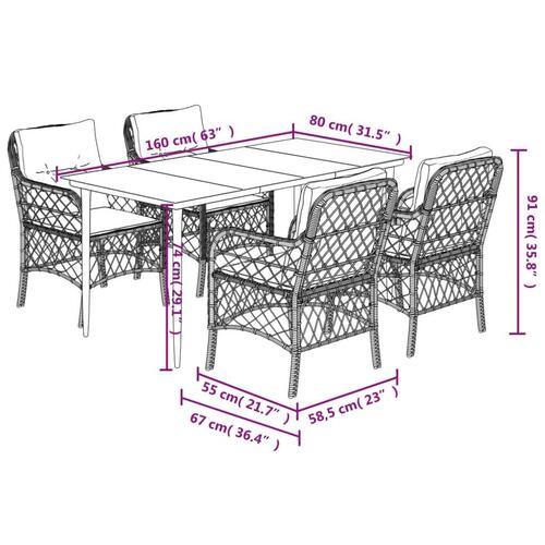 Spisebordssæt til haven 5 dele med hynder polyrattan beige