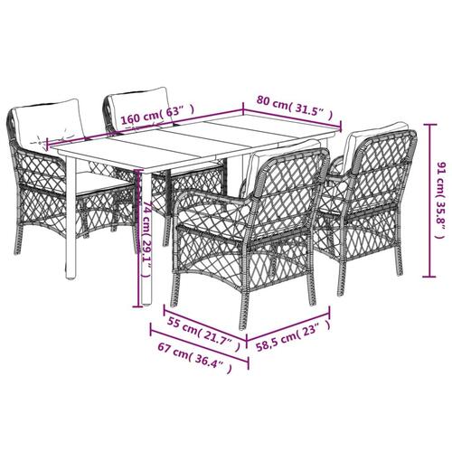 Spisebordssæt til haven 5 dele med hynder polyrattan beige