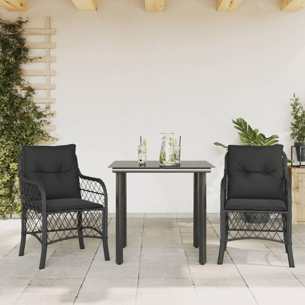 Bistrosæt til haven 3 dele med hynder polyrattan sort