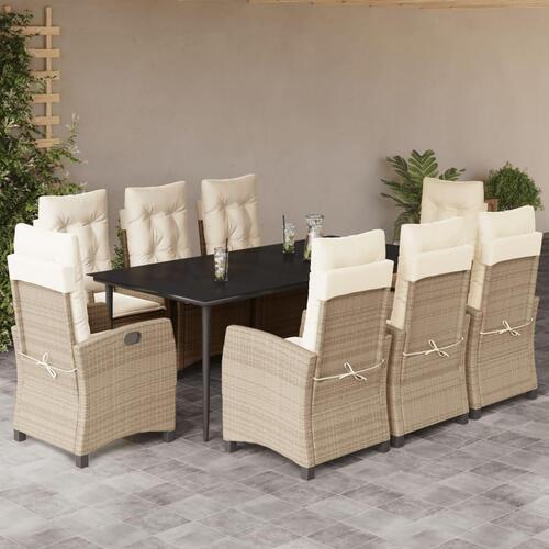 Spisebordssæt til haven 9 dele med hynder polyrattan beige