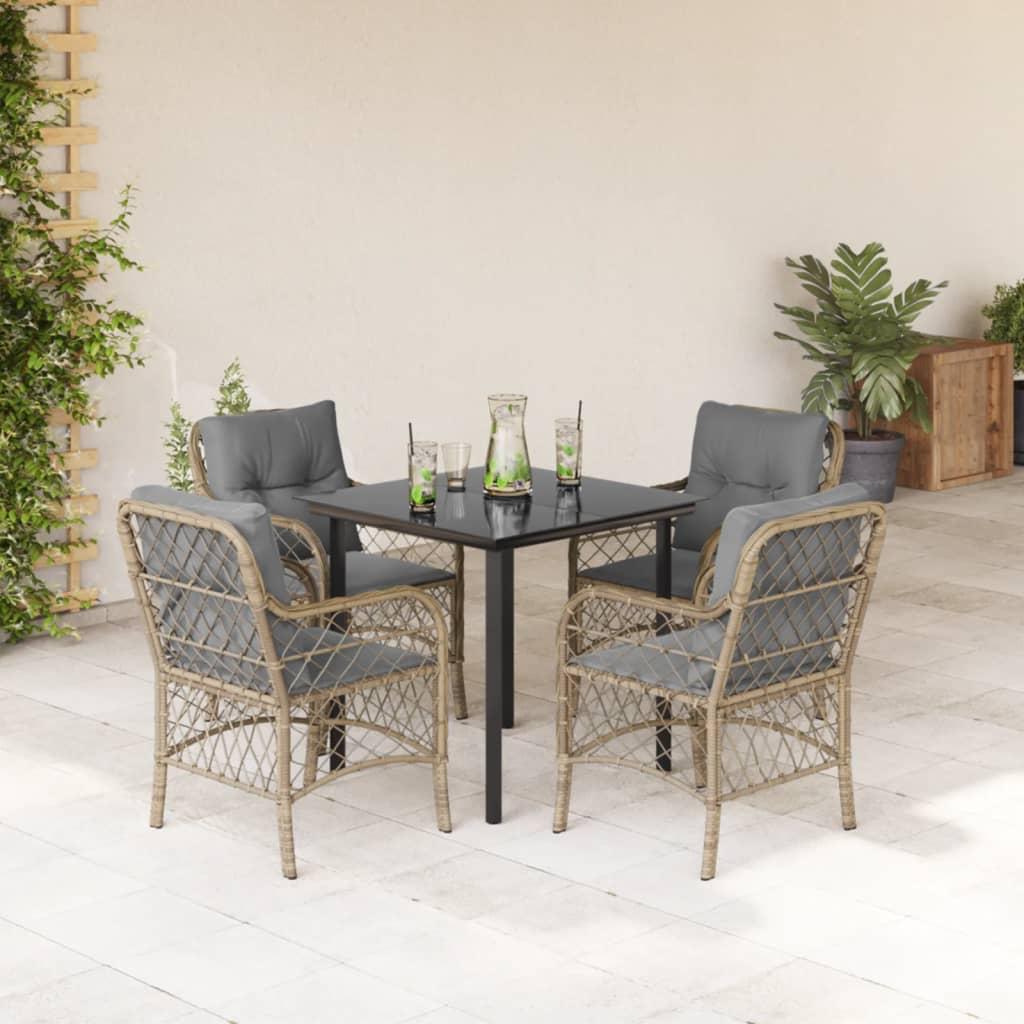 Spisebordssæt til haven 5 dele med hynder polyrattan beige