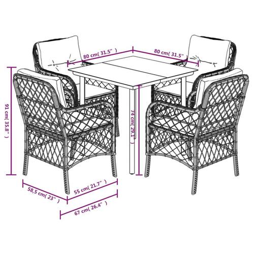 Spisebordssæt til haven 5 dele med hynder polyrattan beige