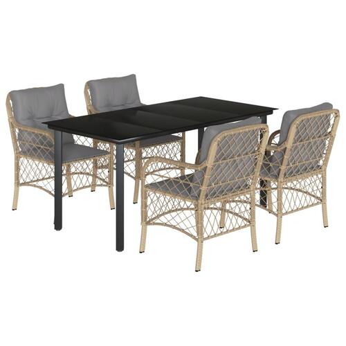 Spisebordssæt til haven 5 dele med hynder polyrattan beige