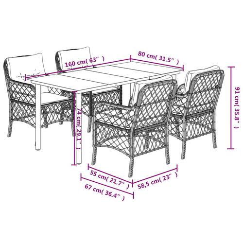 Spisebordssæt til haven 5 dele med hynder polyrattan beige