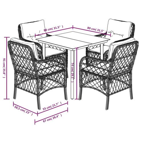 Spisebordssæt til haven 5 dele med hynder polyrattan lysegrå