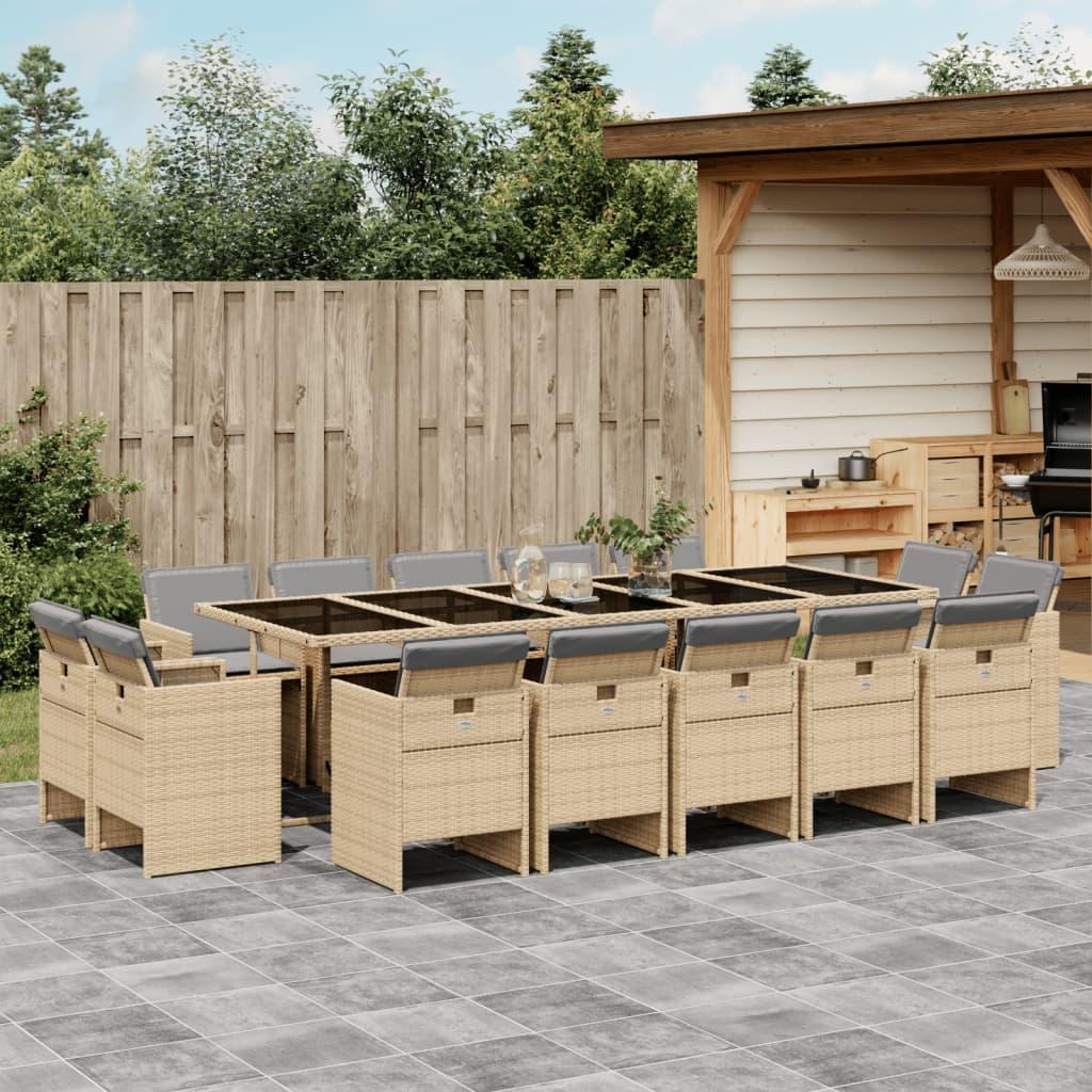 Spisebordssæt til haven 15 dele med hynder polyrattan beige