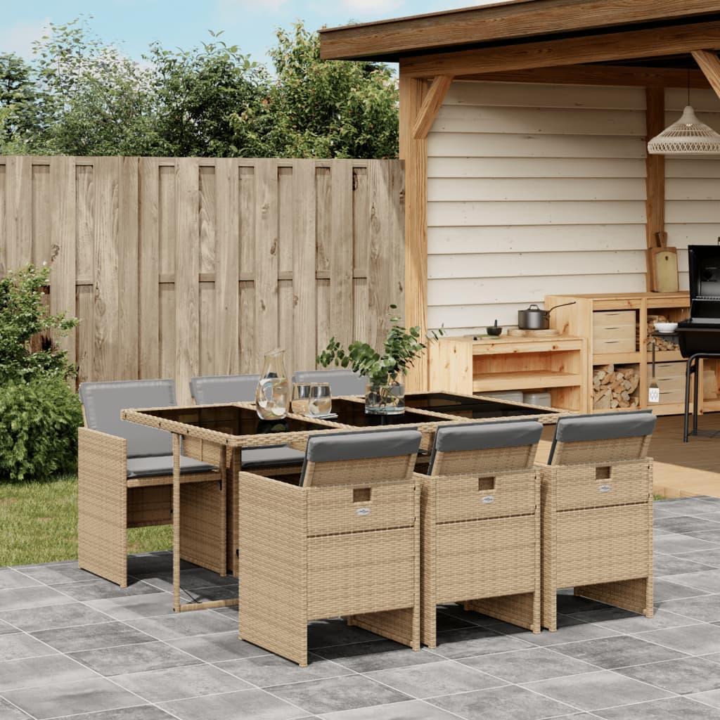 Spisebordssæt til haven 7 dele med hynder polyrattan beige