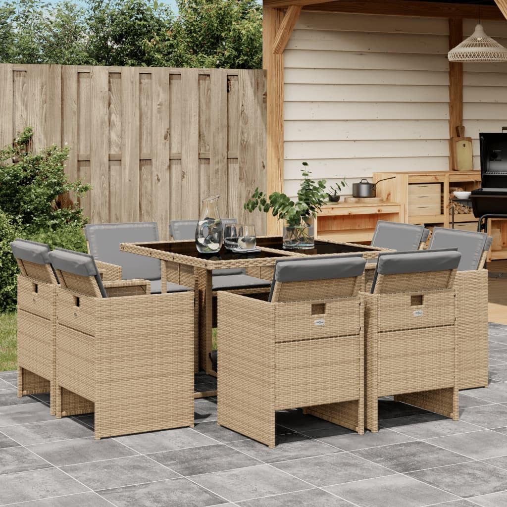 Spisebordssæt til haven 9 dele med hynder polyrattan beige