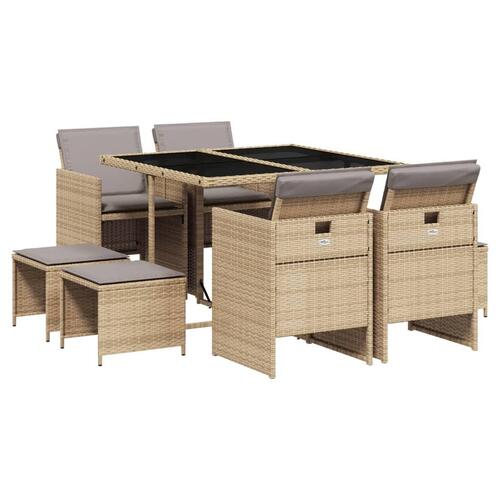Spisebordssæt til haven 9 dele med hynder polyrattan beige