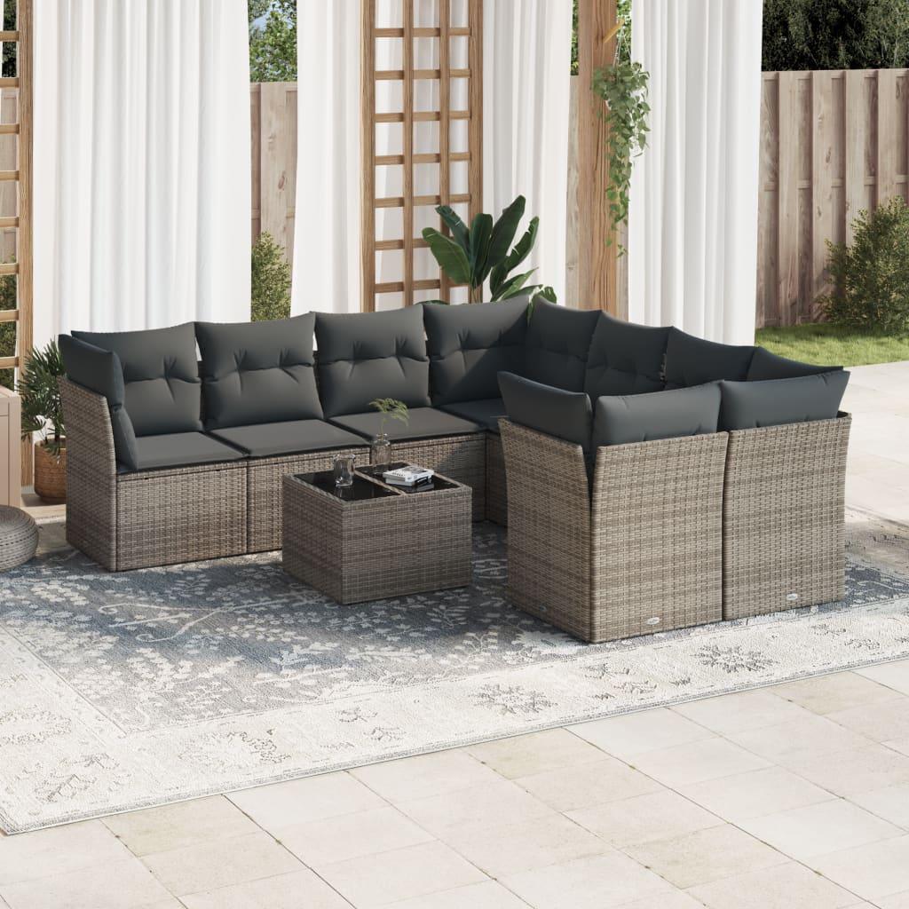 Sofasæt til haven 9 dele med hynder polyrattan grå