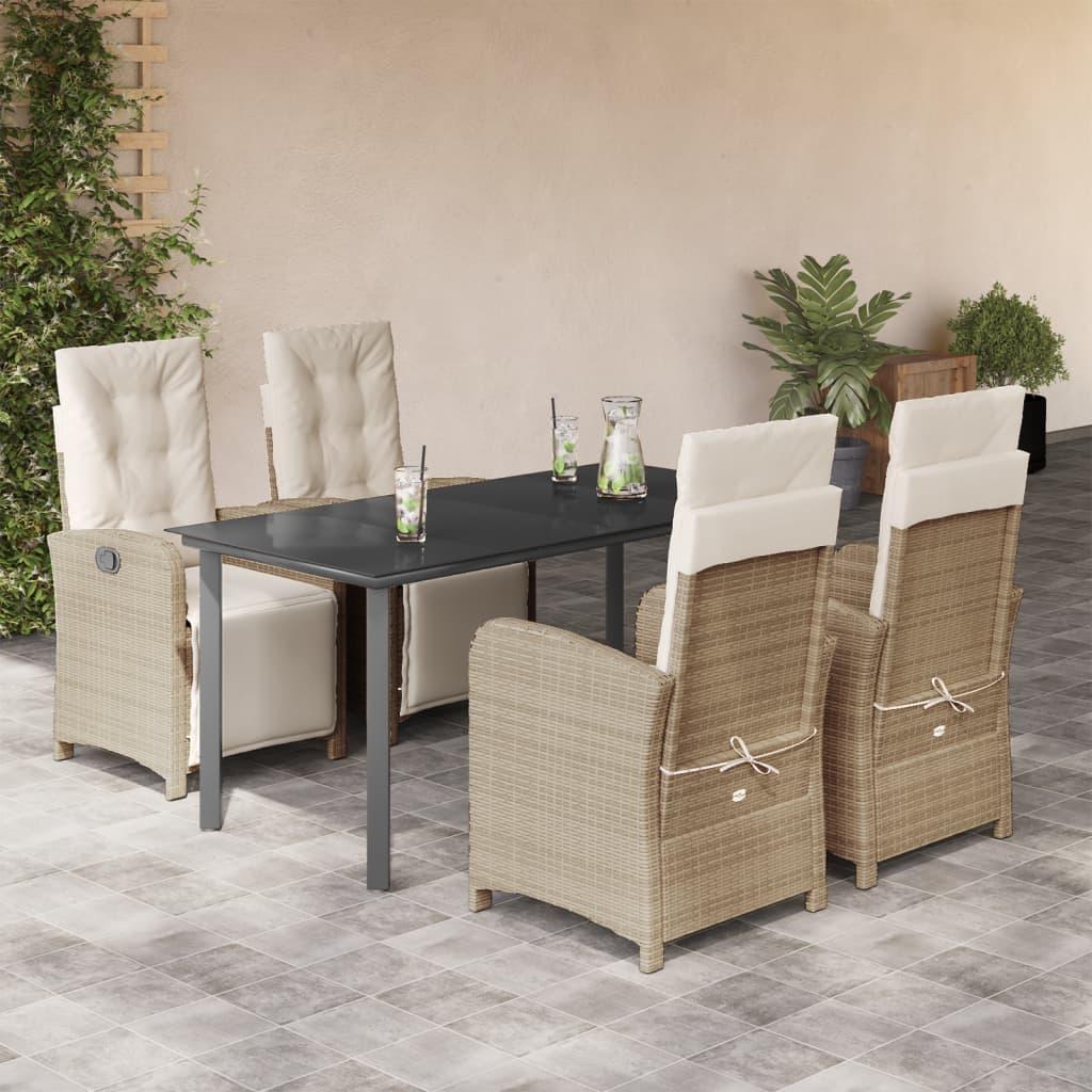 Spisebordssæt til haven 5 dele med hynder polyrattan beige