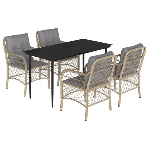 Spisebordssæt til haven 5 dele med hynder polyrattan beige