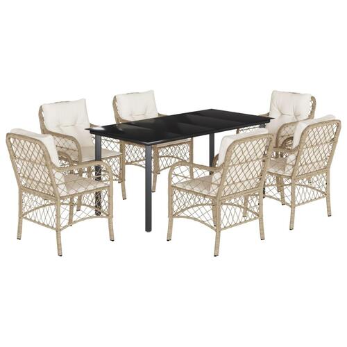 Spisebordssæt til haven 7 dele med hynder polyrattan beige