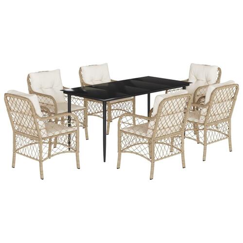 Spisebordssæt til haven 7 dele med hynder polyrattan beige