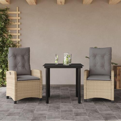 Spisebordssæt til haven 3 dele med hynder polyrattan beige