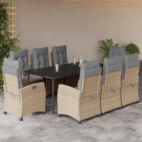 Spisebordssæt til haven 9 dele med hynder polyrattan beige