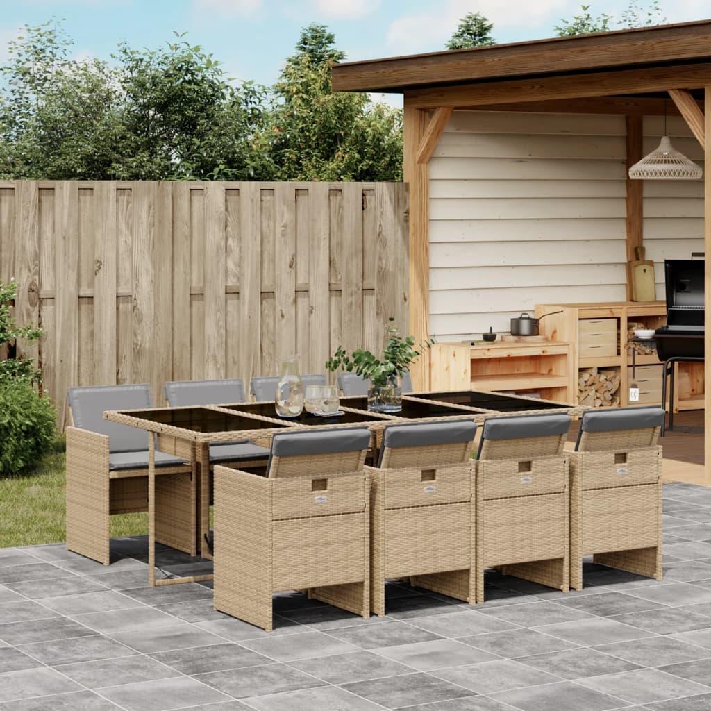 Spisebordssæt til haven 9 dele med hynder polyrattan beige