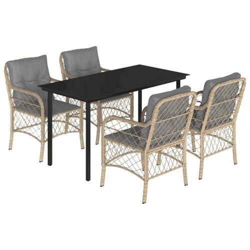Spisebordssæt til haven 5 dele med hynder polyrattan beige