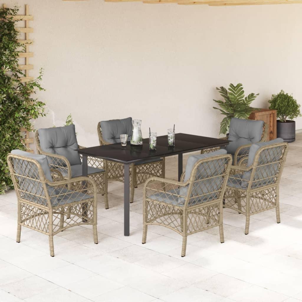 Spisebordssæt til haven 7 dele med hynder polyrattan beige