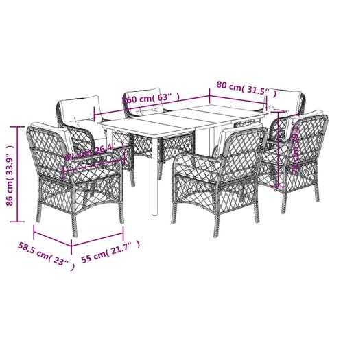 Spisebordssæt til haven 7 dele med hynder polyrattan beige