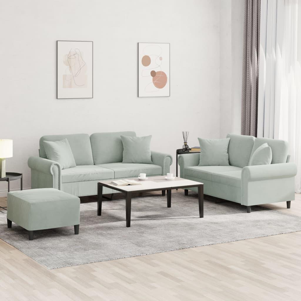 3 personers sofa med puder velour lysegrå
