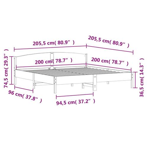 Sengeramme med sengegavl 200x200 cm massivt fyrretræ