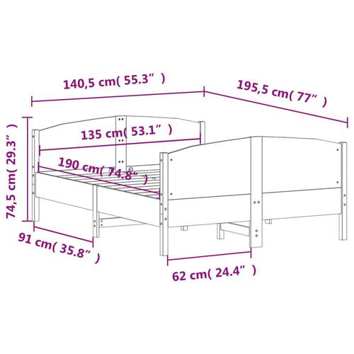 Sengeramme med sengegavl135x190 cm massivt fyrretræ hvid