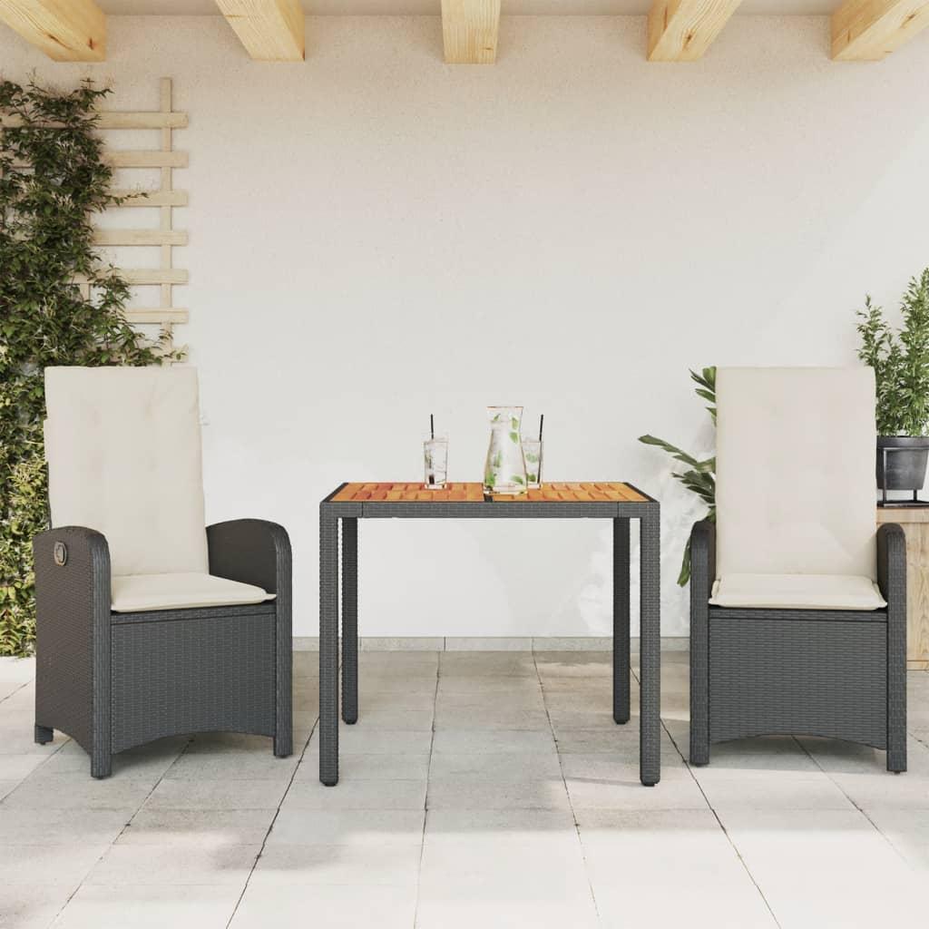 Spisebordssæt til haven 3 dele med hynder polyrattan sort