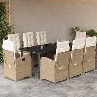 Spisebordssæt til haven 9 dele med hynder polyrattan beige