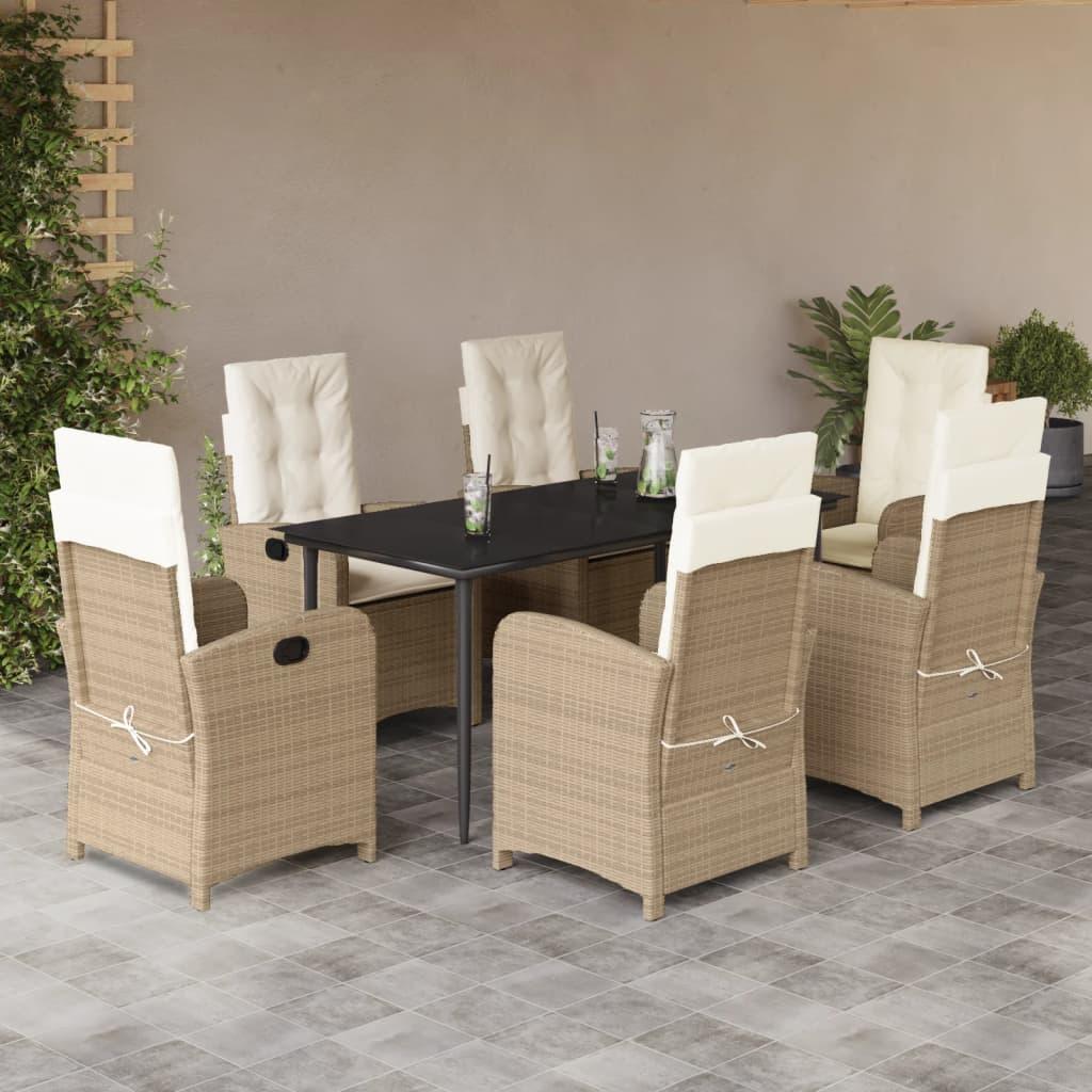 Spisebordssæt til haven 7 dele med hynder polyrattan beige