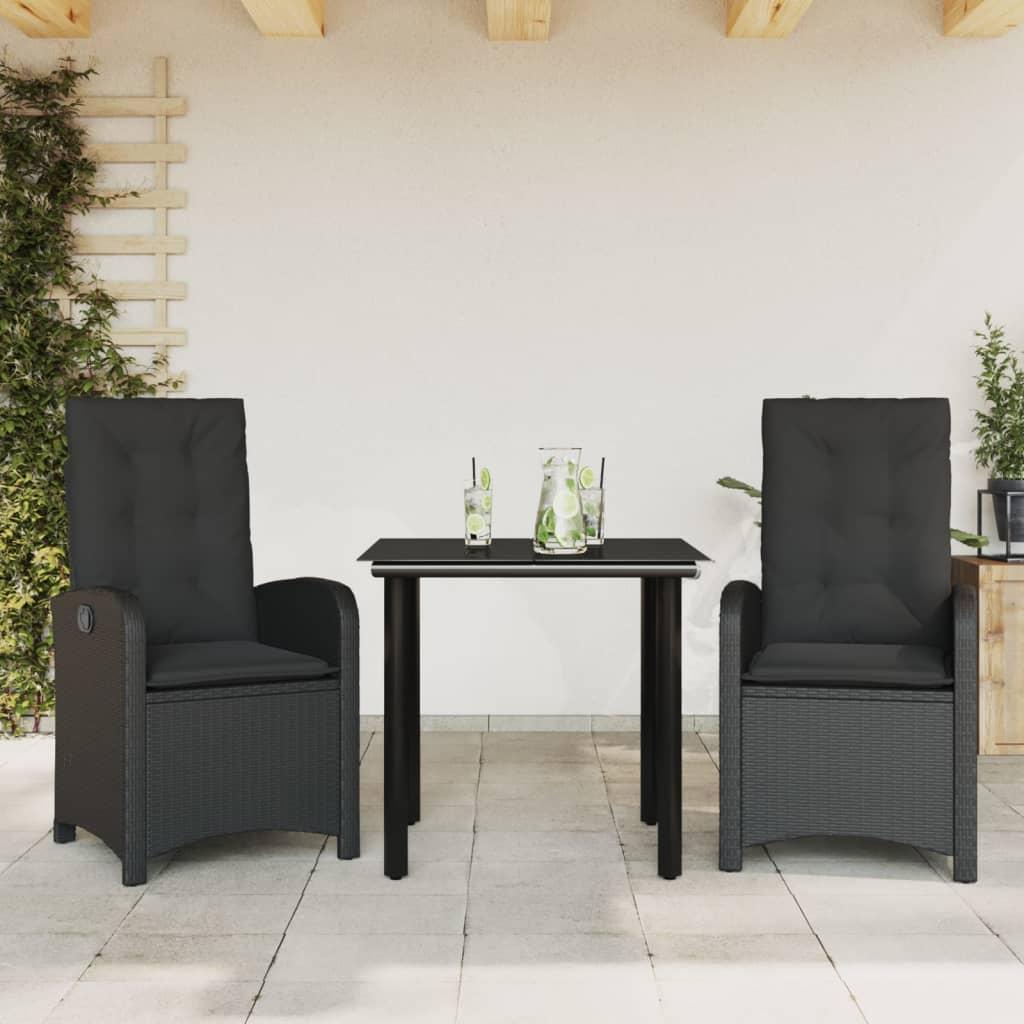 Spisebordssæt til haven 3 dele med hynder polyrattan sort