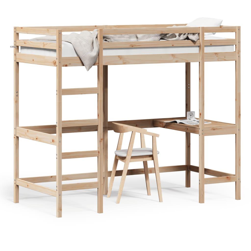 Højseng med skrivebord 90x200 cm massivt fyrretræ
