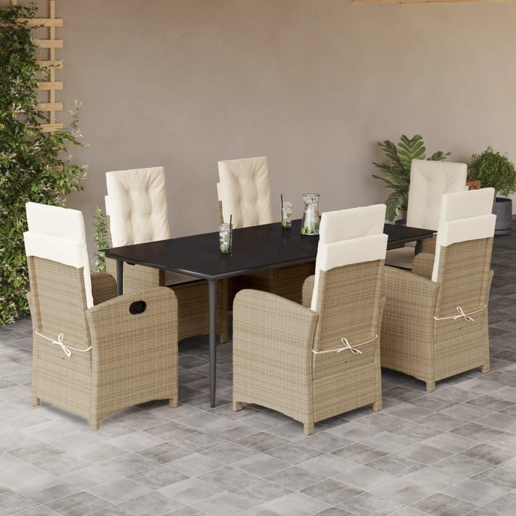 Spisebordssæt til haven 7 dele med hynder polyrattan beige