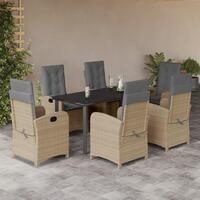 Spisebordssæt til haven 7 dele med hynder polyrattan beige