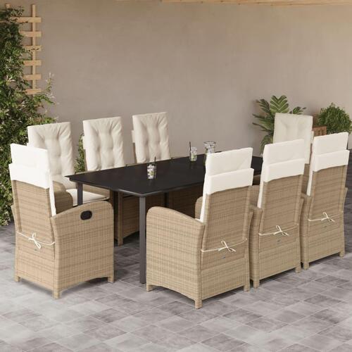 Spisebordssæt til haven 9 dele med hynder polyrattan beige