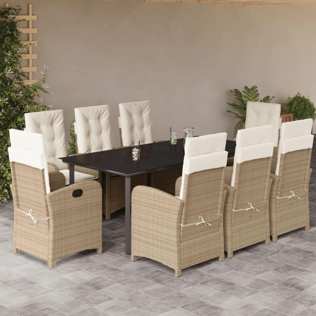 Spisebordssæt til haven 9 dele med hynder polyrattan beige