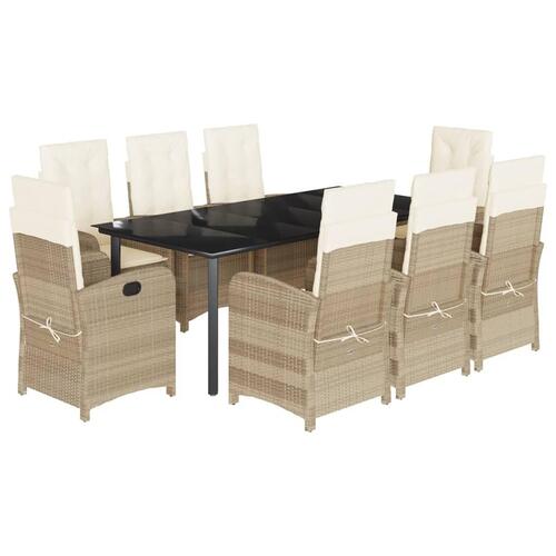 Spisebordssæt til haven 9 dele med hynder polyrattan beige