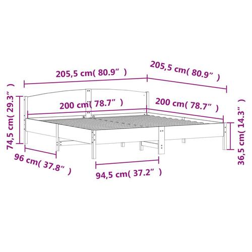Sengeramme uden madras 200x200 cm massivt fyrretræ hvid